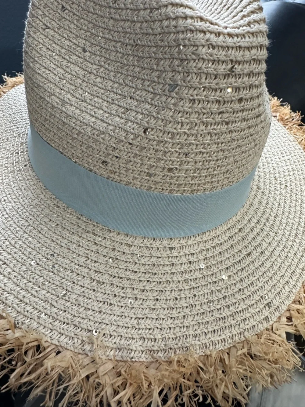 NWOT David and Young Neutral Straw Sun Hat with Light Blue Trim